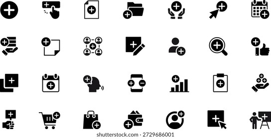 Add Icons set vector illustration collection includes essential symbols for creating and joining new add file folder augmentation task positive duplicated include extra schedule notes more