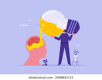 Add ideas or find new inspiration concept, idea intake, inspiration, reference suggestions, provide ideas or solutions, businessman putting liquid from light bulb into employee’s head