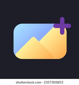 Add image flat gradient fill ui icon for dark theme. Insert photo into footage. Editing tool. Pixel perfect color pictogram. GUI, UX design on black space. Vector isolated RGB illustration