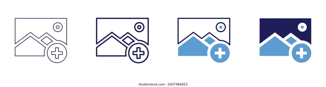 Add image icon in 4 different styles. Thin Line, Line, Bold Line, Duotone. Duotone style. Editable stroke.