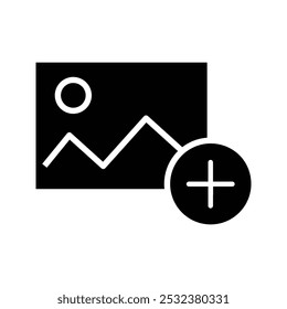 Add image icon. With the plus symbol. Digital photo gallery. Isolated user interface element. for apps and web. Editable stroke.