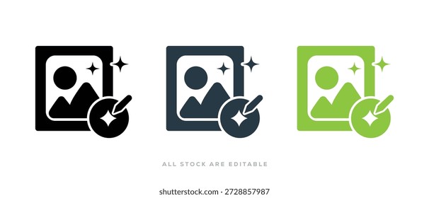 Agregar conjunto de iconos de Imagen . Icono de edición de fotos. App de Editar de la imagen de la Galería, icono del retoque de la Imagen, símbolo del realce, Ilustración vectorial