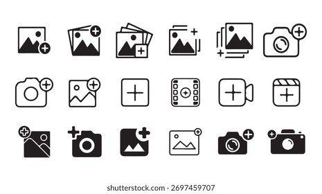 Adicionar Conjunto de Ícones de Imagem. Carregar Foto, Adicionar Mídia, Galeria, Câmera e Símbolos de Vídeo em Estilo de Silhueta de Preto