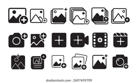 Adicionar Conjunto de Ícones de Imagem. Carregar Foto, Adicionar Mídia, Galeria, Câmera e Símbolos de Vídeo em Estilo de Silhueta de Preto