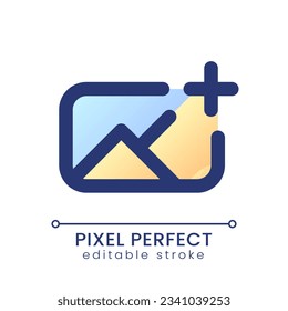 Add image pixel perfect gradient fill ui icon. Insert photo into footage. Overlay picture on video. Modern colorful line symbol. GUI, UX design for app, web. Vector isolated editable RGB element