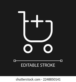 Add item to shopping cart pixel perfect white linear ui icon for dark theme. Buy products. Vector line pictogram. Isolated user interface symbol for night mode. Editable stroke. Arial font used