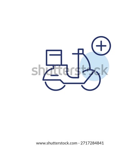 Add items to order. Food delivery update. Moped and plus symbol. Pixel perfect, editable stroke vector icon
