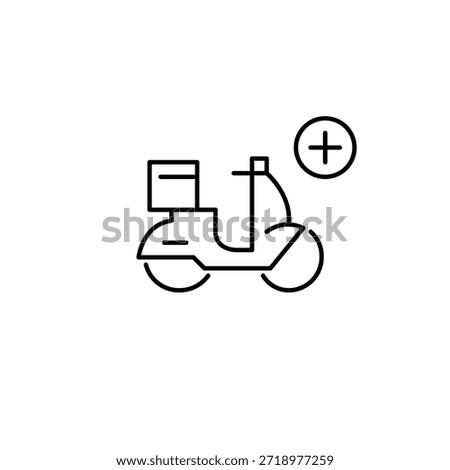 Add items to order. Food delivery update. Moped and plus symbol. Pixel perfect, editable stroke vector icon