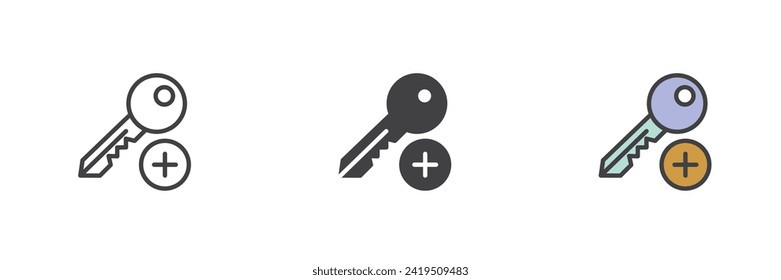 Añadir contraseña de clave diferente conjunto de iconos de estilo. Línea, glifo y contorno relleno versión colorida, contorno y signo vectorial relleno. Tecla y más símbolo, ilustración del logotipo. Gráficos vectoriales