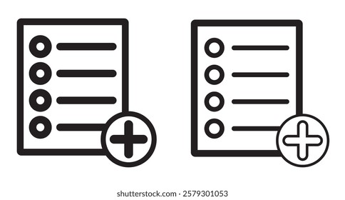 Add list line icon, outline and filled on white background. Document with plus symbol. Vector illustration.