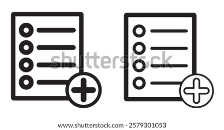 Add list line icon, outline and filled on white background. Document with plus symbol. Vector illustration.