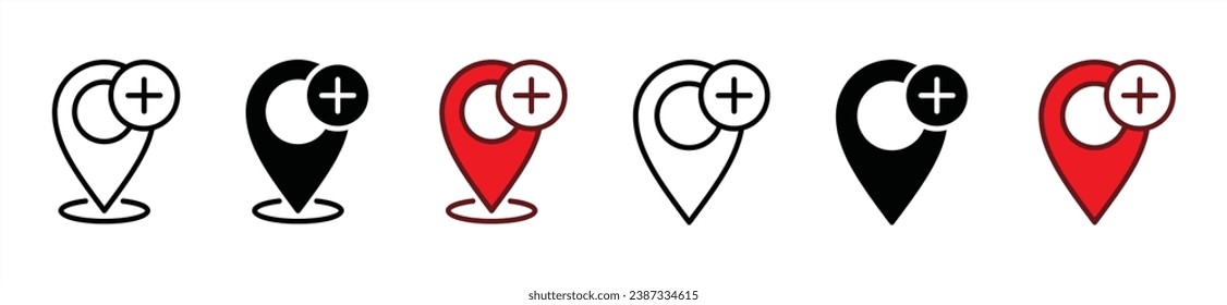 Icono de Añadir ubicación. Agregar iconos de pin de mapa. Añadir símbolo de icono del marcador del puntero del puntero del pin del mapa en fondo blanco. Ilustración del vector