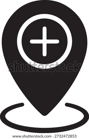 Add location pin marker icon with plus sign isolated on white background, illustration