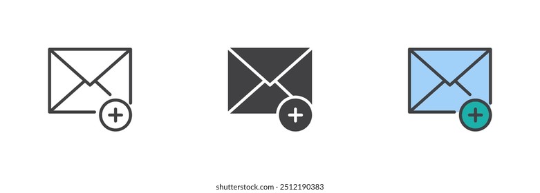 Add Mail different style icon set. Line, glyph and filled outline colorful version, outline and filled vector sign. Add message symbol, logo illustration. Vector graphics