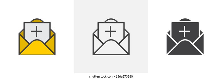 Add mail envelope icon. Line, glyph and filled outline colorful version, Message plus outline and filled vector sign. Symbol, logo illustration. Different style icons set. Vector graphics
