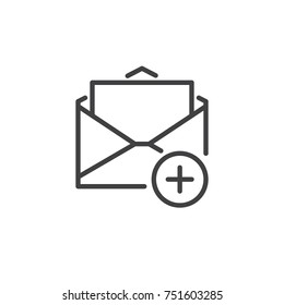 Add mail line icon, outline vector sign, linear style pictogram isolated on white. Open envelope with plus symbol, logo illustration. Editable stroke