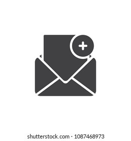 Add mail vector icon. filled flat sign for mobile concept and web design. Open envelope with plus simple solid icon. Symbol, logo illustration. Pixel perfect vector graphics