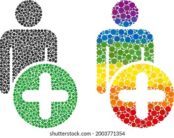 Add man figure collage icon of circle elements in various sizes and spectrum colored color tones. A dotted LGBT-colored add man figure for lesbians, gays, bisexuals, and transgenders.