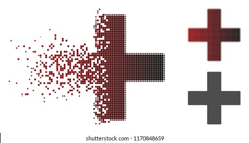 Add math operation icon in dispersed, dotted halftone and undamaged whole variants. Fragments are combined into vector dispersed add math operation figure.