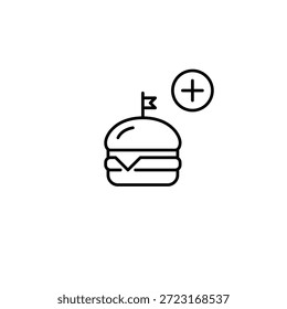 Agregue la comida a la orden. Hamburguesa y símbolo plus. Comida extra. Icono de Vector de trazo perfecto y editable