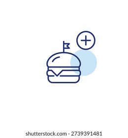Add meal to order. Burger and plus symbol. Extra food. Pixel perfect, editable stroke vector icon