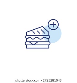 Adicione refeição ao pedido. Sanduíche e símbolo de mais. Comida extra, novas posições no menu. Pixel perfeito, ícone de vetor de traçado editável