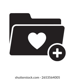 Adicionar ao ícone de favoritos médicos com uma pasta um coração e um sinal de adição para salvar registros de pacientes ou serviços de saúde preferidos vetor ícone de glifo sólido