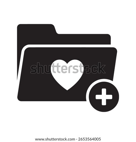 Add to medical favorites icon with a folder a heart and a plus sign for saving patient records or preferred health services vector solid glyph icon