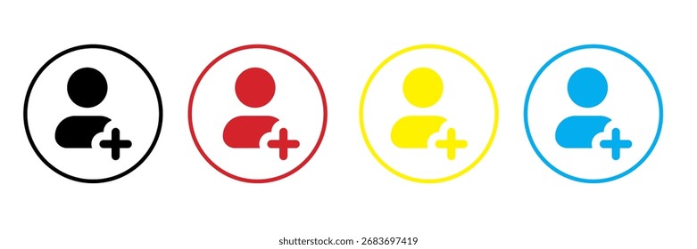 Add member button icon set in four colors yellow blue red and black inside circles perfect for app UI web design digital projects social media apps user interface icons and creative vector EPS files