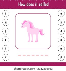 Add missed letters. Unicorn. Educational worksheet for preschool kids education. activity page with letters.