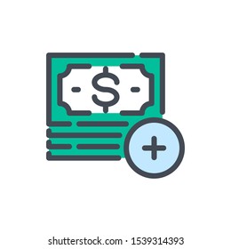 Add money to account color line icon. Dollar notes with plus button vector outline colorful sign.