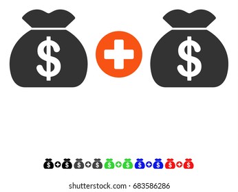 Add Money Bags flat vector illustration with colored versions. Color add money bags icon variants with black, gray, green, blue, red.