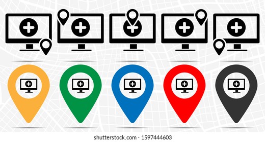 Add a monitor icon in location set. Simple glyph, flat illustration element of technology theme icons