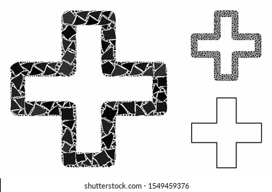 Add mosaic of irregular items in variable sizes and color tones, based on add icon. Vector humpy items are united into collage. Add icons collage with dotted pattern.