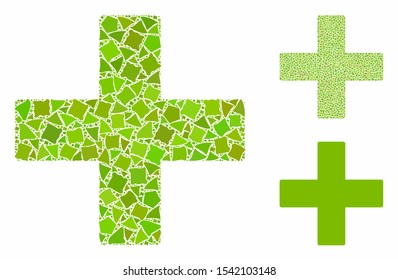 Add mosaic of rough elements in variable sizes and color tones, based on add icon. Vector rugged elements are combined into collage. Add icons collage with dotted pattern.