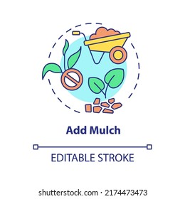 Add mulch concept icon. Cover soil surface to protect plants. Gardening tip abstract idea thin line illustration. Isolated outline drawing. Editable stroke. Arial, Myriad Pro-Bold fonts used