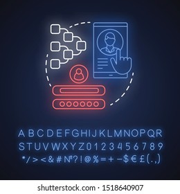 Add multiple accounts neon light concept icon. Create user profile idea. Webpage registration. Social network authorization. Glowing sign with alphabet, numbers, symbols. Vector isolated illustration