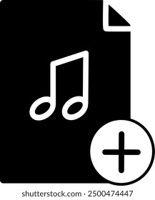 Musikdatei-Symbol hinzufügen. Notenschrift mit Pluszeichen. Ersetzbares Vektordesign.