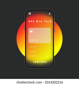 Add new card banner. Smartphone payment. Glassmorphism. Credit card. Glassmorphism style. Vector illustration. Realistic glass morphism effect with transparent glass plates.