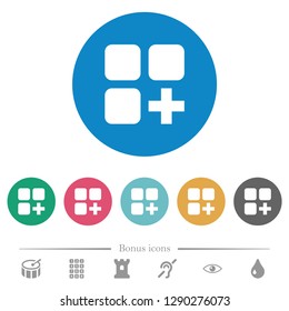 Add new component flat white icons on round color backgrounds. 6 bonus icons included.