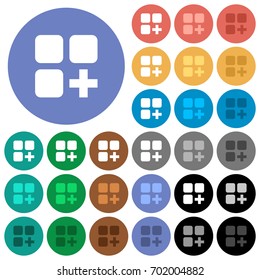 Add new component multi colored flat icons on round backgrounds. Included white, light and dark icon variations for hover and active status effects, and bonus shades on black backgounds.