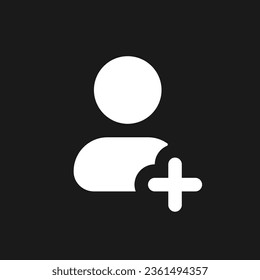 Add new contact dark mode glyph ui icon. Create phone number. Address book. User interface design. White silhouette symbol on black space. Solid pictogram for web, mobile. Vector isolated illustration