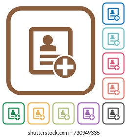 Add new contact simple icons in color rounded square frames on white background