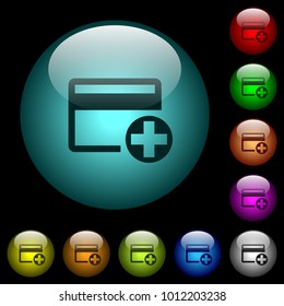 Add new credit card icons in color illuminated spherical glass buttons on black background. Can be used to black or dark templates