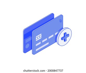 Add new debit or Credit banking Card, banking account isometric illustrate 3d vector icon. Modern creative design illustration in flat line style.