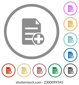 Añadir nuevos iconos de color plano del documento en los contornos redondos sobre fondo blanco