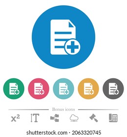 Add new document flat white icons on round color backgrounds. 6 bonus icons included.