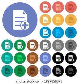 Add new document multi colored flat icons on round backgrounds. Included white, light and dark icon variations for hover and active status effects, and bonus shades.