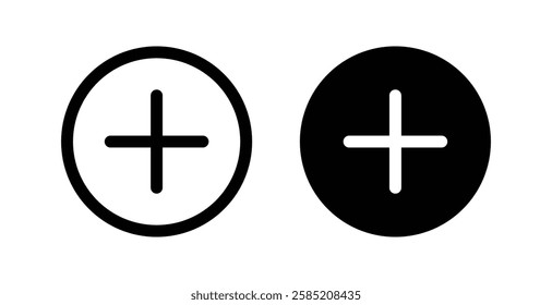 Add New Feature Icon Set. Plus icon, add new Button, add new Item. Black color outline and solid fill. Vector illustration. 