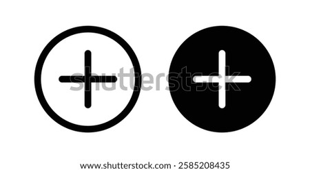 Add New Feature Icon Set. Plus icon, add new Button, add new Item. Black color outline and solid fill. Vector illustration. 